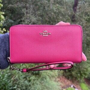 COACH Long Zip-Around Phone Wristlet Wallet Pink Crossgrain Leather w Gold